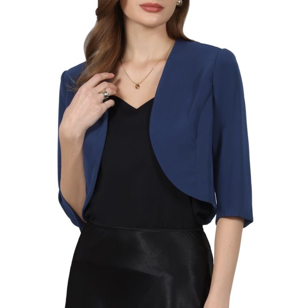 Women Elegant 3/4 Sleeve Open Front Cardigan Bolero Shrug Sweaters Dark Blue